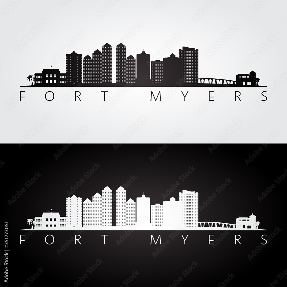 Fort Myers, Florida skyline and landmarks silhouette, black and white design, vector illustration.