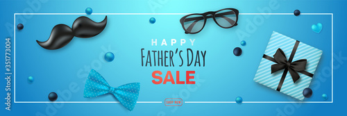 Happy Fathers Day Sale banner. Retro black mustache, bow tie, glasses and gift box on blue background. Vector design for websites, advertising banners, headers, etc.