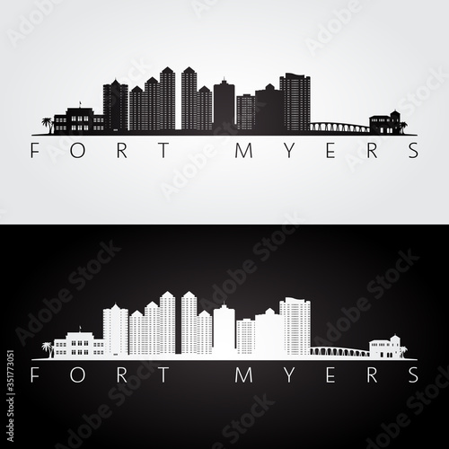 Fort Myers  Florida skyline and landmarks silhouette  black and white design  vector illustration.