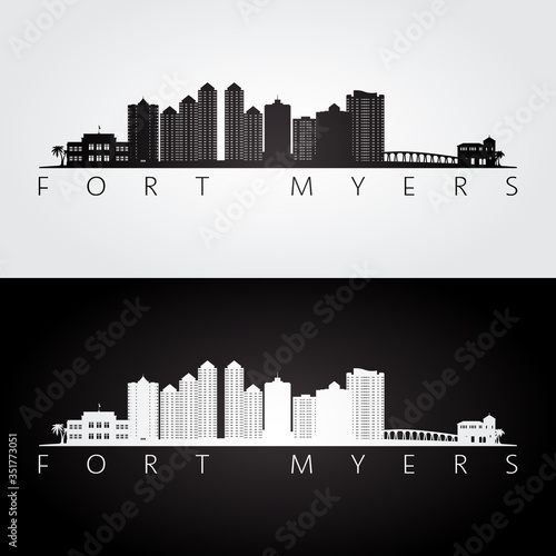 Fort Myers, Florida skyline and landmarks silhouette, black and white design, vector illustration.