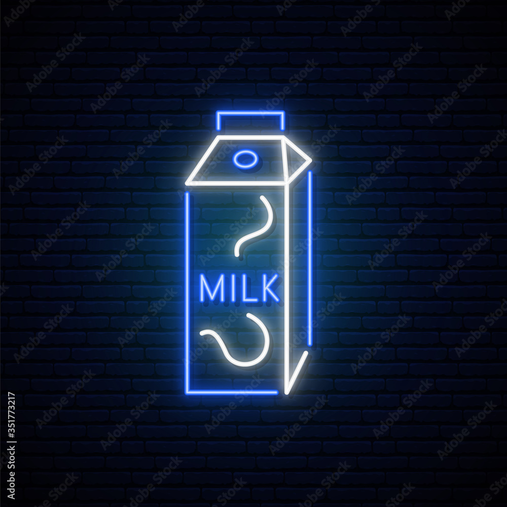 Neon milk sign. Grocery store glowing icon on a brick wall background. Food sign in neon style. Grocery signboard . Vector illustration. Neon milk sign. Grocery store glowing icon on a brick wall background. Food sign in neon style. Grocery signboard . Vector illustration.