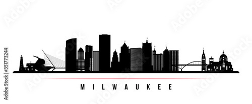 Milwaukee skyline horizontal banner. Black and white silhouette of Milwaukee, Wisconsin. Vector template for your design. photo