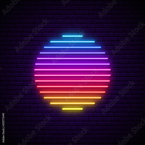 Sun neon sign. Glowing futuristic sun symbol on dark brick wall background. Retro neon style. Vector illustration.