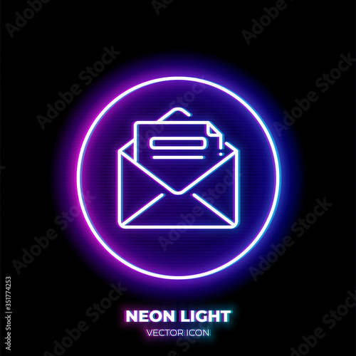 Letter neon light line art vector icon. Outline symbol of email. Message pictogram made of thin stroke. Isolated on background.