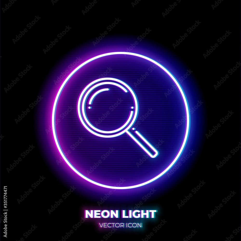 Magnifying glass neon light line art vector icon. Outline symbol of internet search. Find pictogram made of thin stroke. Isolated on background. Magnifying glass neon light line art vector icon. Outline symbol of internet search. Find pictogram made of thin stroke. Isolated on background.