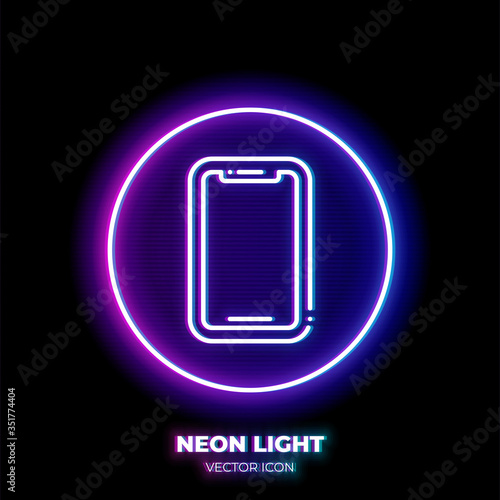 Smartphone neon light line art vector icon. Outline symbol of modern phone. Mobile smart cellphone pictogram made of thin stroke. Isolated on background.