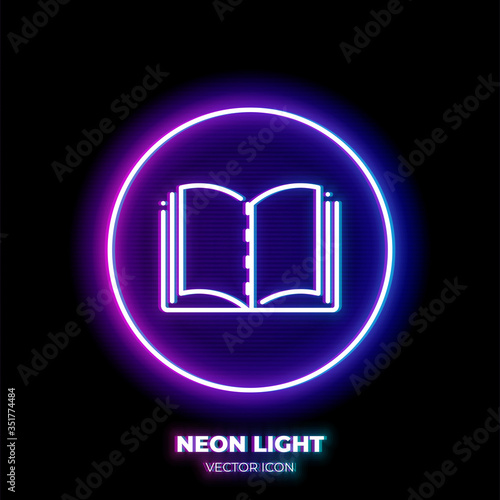 Textbook neon light line art vector icon. Outline symbol of open book. Literature pictogram made of thin stroke. Isolated on background.