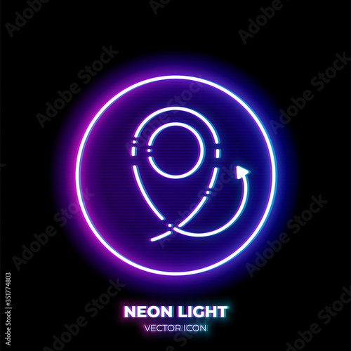 Navigation tag neon light line art vector icon. Outline symbol of position marker. Location pin pictogram made of thin stroke. Isolated on background.