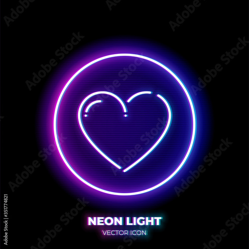 Heart neon light line art vector icon. Outline symbol of love. Valentine pictogram made of thin stroke. Isolated on background.