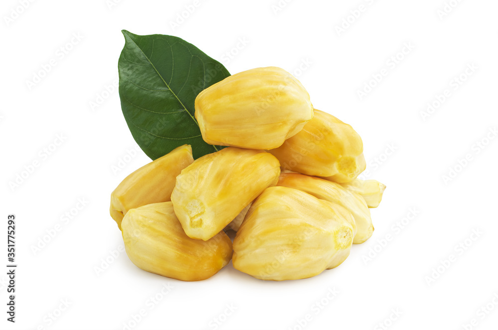 Close up of jack fruit with green leaves on dish Close up of jack fruit with green leaves on dish