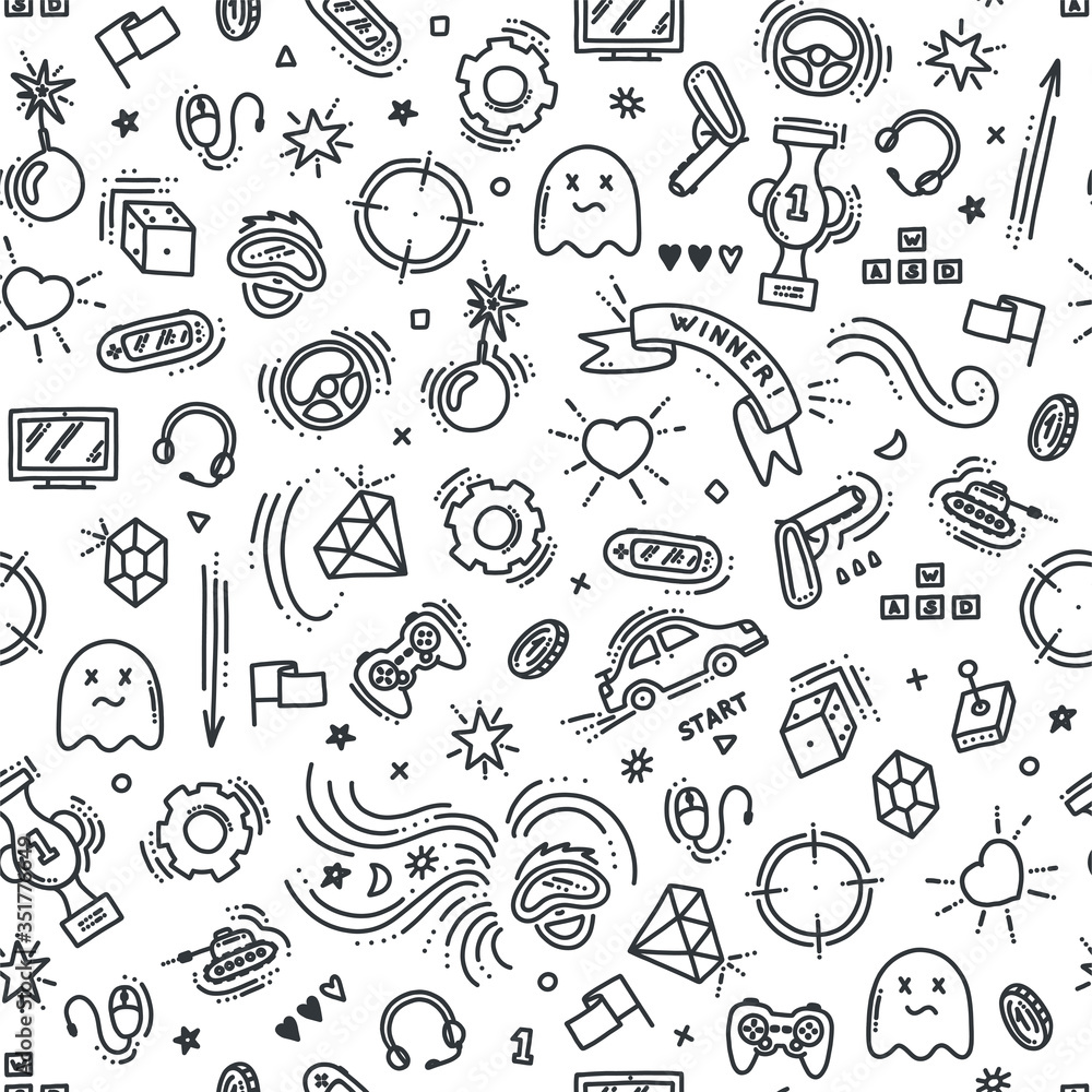 Seamless pattern of gaming objects. Virtual reality, computers, game genres and related stuff. Vector illustration in doodle style