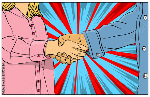 Business people shaking hands, meaking a deal, finishing up a meeting - comic book style, cartoon vector illustration.