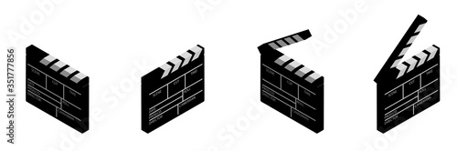 isometric clapper board for shooting the film in the open and closed position. Assistant director. Black and white icon. Vector