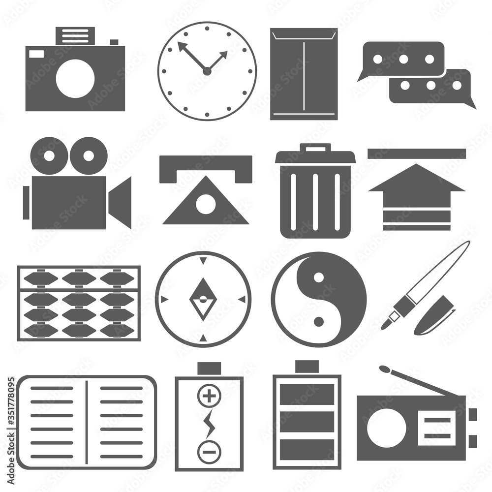 アイコン素材 ラジオ 方位磁針 勾玉 時計 電池 ゴミ箱 算盤 Sns 封筒 電話等 Stock Vector Adobe Stock