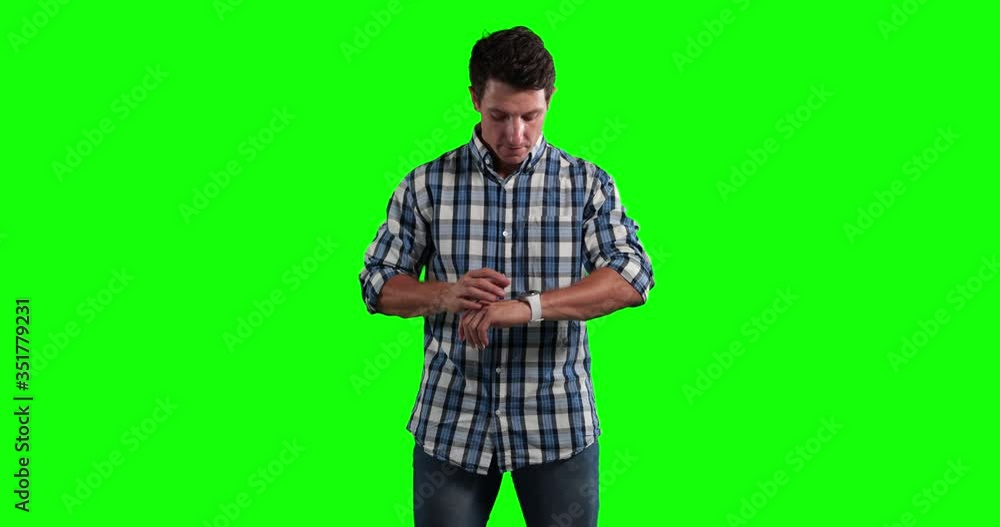 Animation of a man checking his smartwatch in a green background Animation of a man checking his smartwatch in a green background