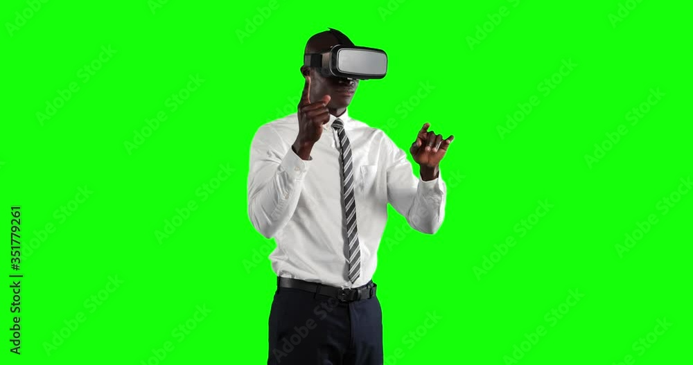 Animation of African American man wearing 3D goggles in a green background Animation of African American man wearing 3D goggles in a green background