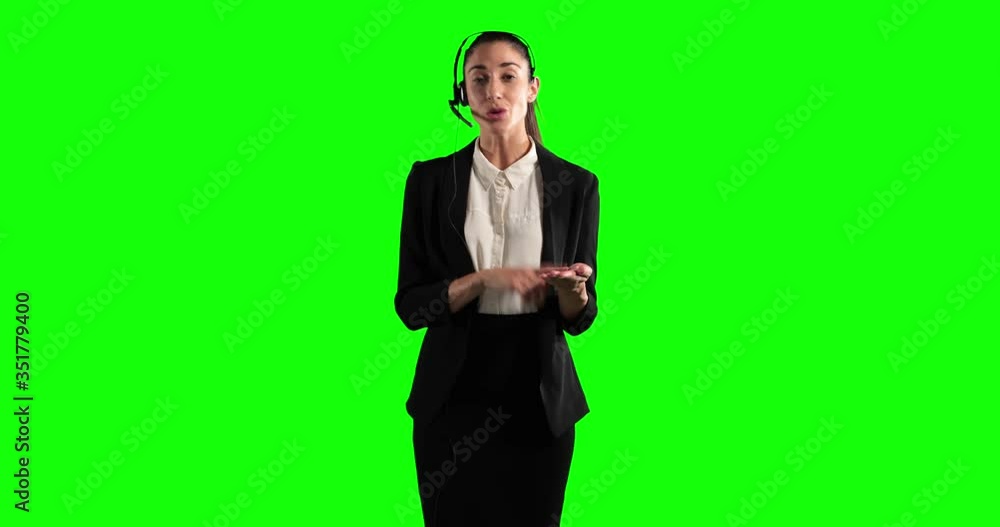 Animation of a woman in suit wearing an earpiece and talking in a green background Animation of a woman in suit wearing an earpiece and talking in a green background