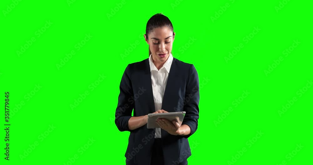 Animation of a woman in suit using a tablet in a green background Animation of a woman in suit using a tablet in a green background