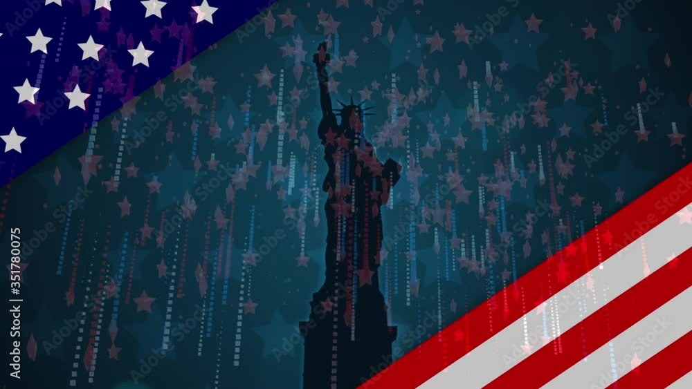 Animation of US flag opening, showing a Statue of Liberty and stars floating