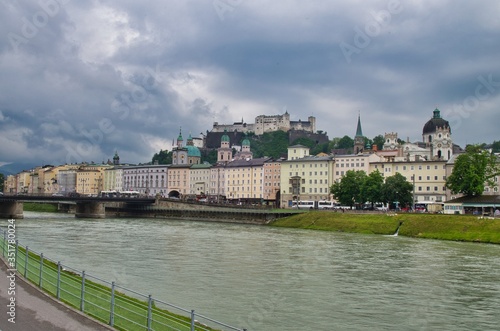 Beautiful panoramic view in a Autumn season at a historic city of Salzburg with Salzach river in Salzburger Land, Austria