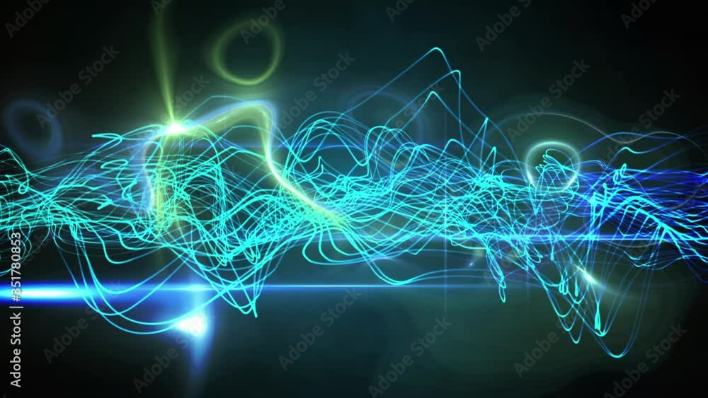 Animation of multiple blue shiny light lines moving on black background