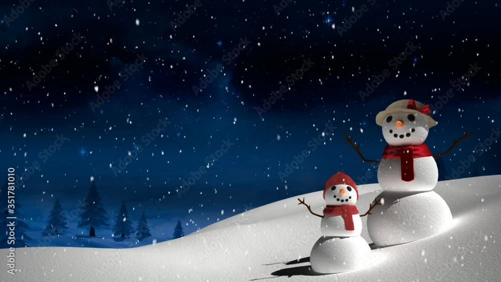 Animation of a snowman and child standing in a field with Christmas trees in the background