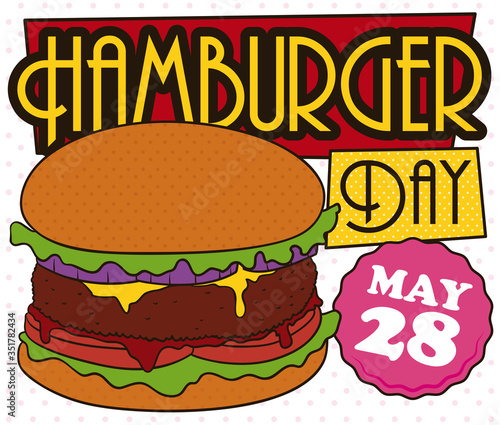 Colorful Retro Design with Burger and Labels for Hamburger Day  Vector Illustration