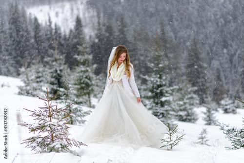 Beautiful bride on a background of mountains covered with snow.