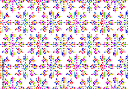 Bright multi-colored ethnic repeating star pattern formed of triangles, squares and dots on a white background