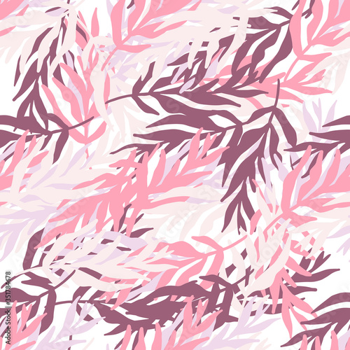 Pink tropical leaf wallpaper. Abstract jungle plants silhouette leaves seamless pattern.