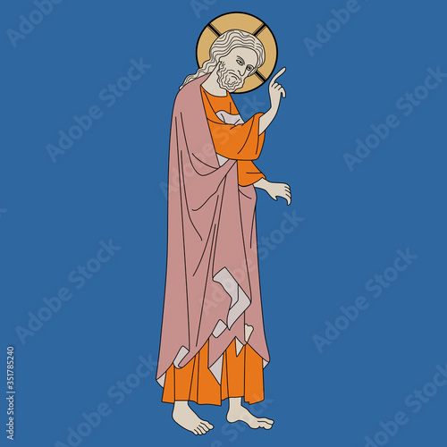 Isolated vector illustration. Standing Jesus Christ with pointing gesture. Christian icon. Medieval art. Illuminated manuscript decor.