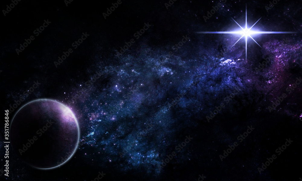 abstract space illustration, 3d image, stone planet in space among the constellations in blue radiance and nebula