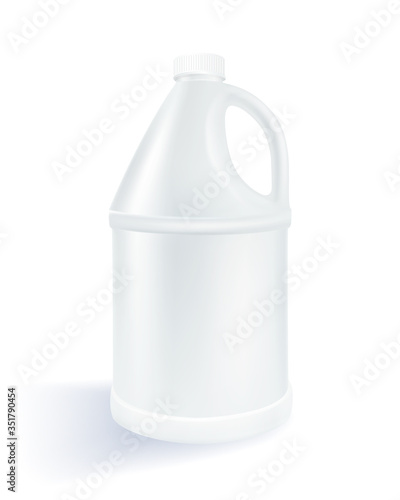 White cylindrical plastic gallon on a white background Used for milk product, alcohol, beverage, oil, water. Realistic file. photo