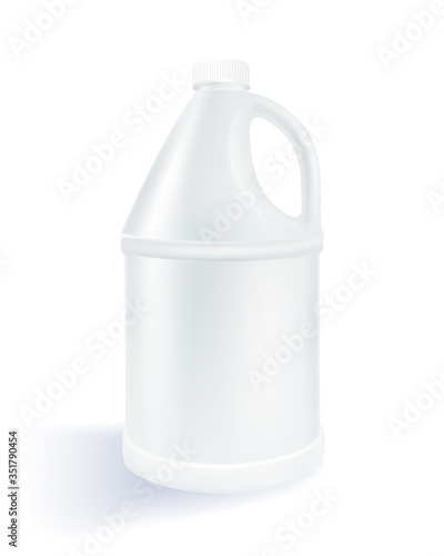 White cylindrical plastic gallon on a white background Used for milk product, alcohol, beverage, oil, water. Realistic file.