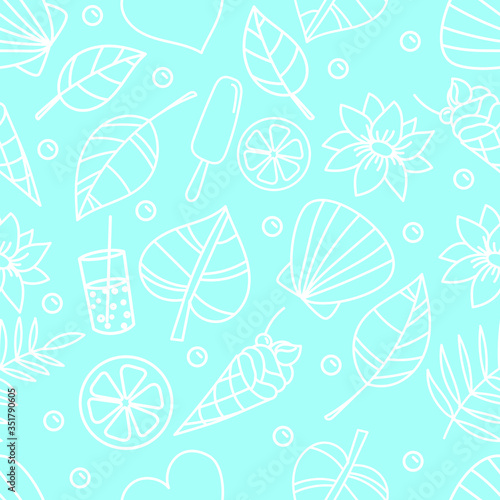Vector summer seamless pattern. White summer elements on blue background. Modern vector flat image design isolated on blue background.