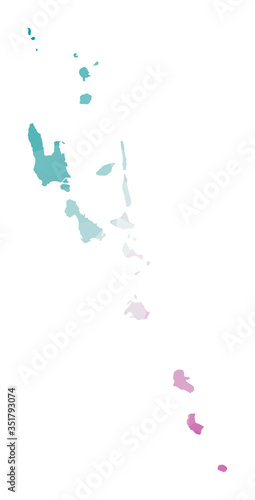 Polygonal map of Vanuatu. Geometric illustration of the country in emerald amethyst colors. Vanuatu map in low poly style. Technology, internet, network concept. Vector illustration.