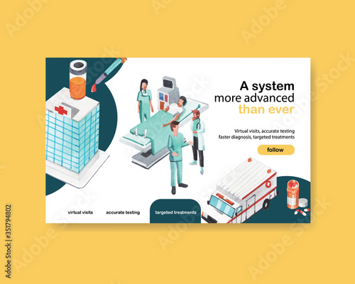 healthcare website template design with medical staff and doctors and patients watercolor illustration
