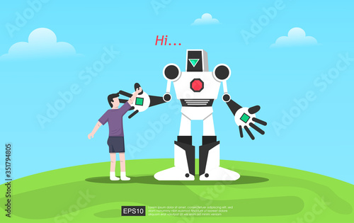 Kids play with modern robot design concept. Futuristic Artificial Intelligence Technology Concept Flat Vector Illustration. Activity outside with friendly robot and it says "hi".
