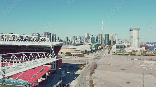 Toronto, Canada, aerial view of office buildings and architectural landmark CN Tower in Downtown Toronto.