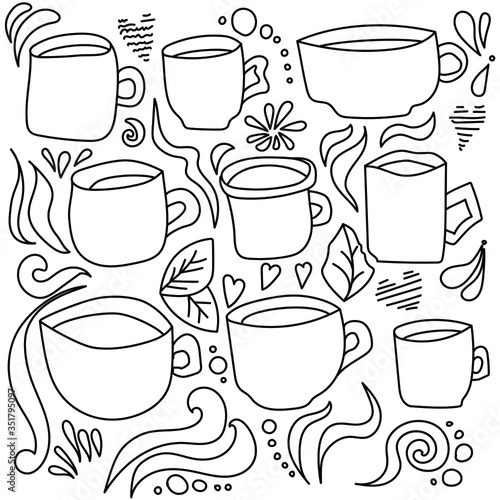 Doodle vector illustration set of cups, cute elements curls and hearts for creativity and design