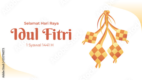Selamat Hari Raya Idul Fitri greeting card with yellow color ketupat vector to celebrating Eid al fitr for landscape banner illustration. ( translation:Eid mubarak of Celebration, Ketupat rice)