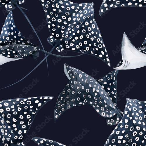 Beautiful seamless pattern with watercolor hand drawn ramp fish. Stock illustration.