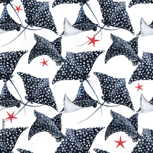 Beautiful seamless pattern with watercolor hand drawn ramp fish. Stock illustration.