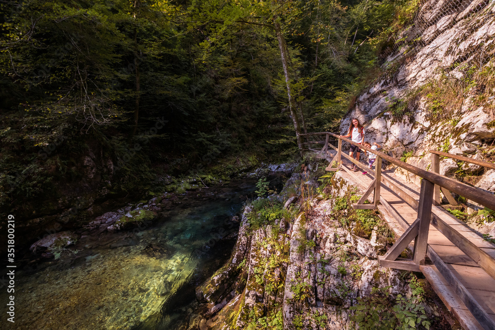 the path with wooden handrails near blue water mountain river with rays of sun shining through the green and yellow trees on the left side in Vintgar Gorge, Slovenia in summer the path with wooden handrails near blue water mountain river with rays of sun shining through the green and yellow trees on the left side in Vintgar Gorge, Slovenia in summer