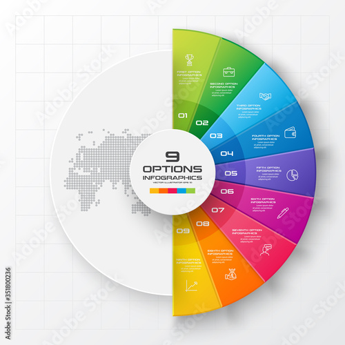 Circle chart infographic template with 9 options,Vector illustration.