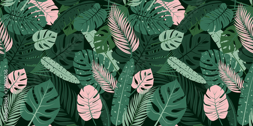 Seamless pattern with tropical leaves. Vector design