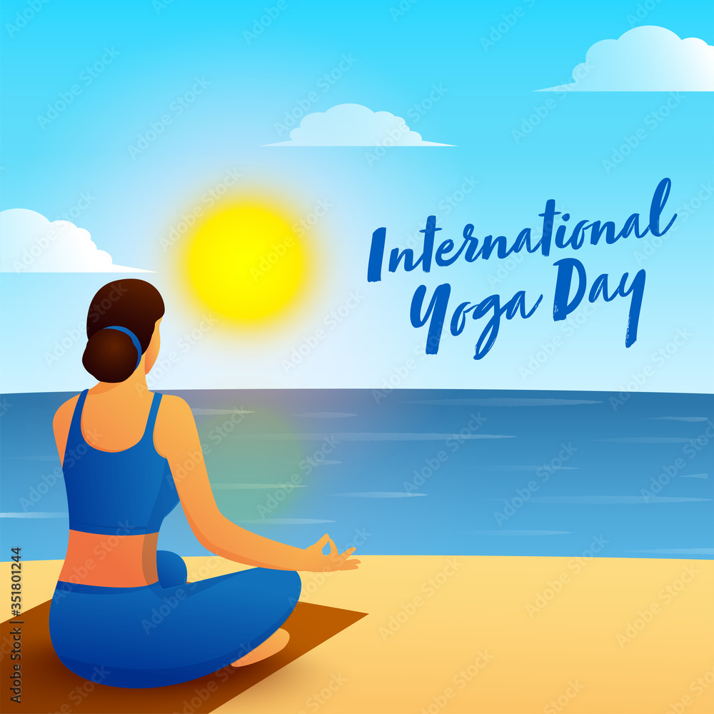Back View of Young Woman Meditating in Lotus Pose with Morning View on Beach Background for International Yoga Day.