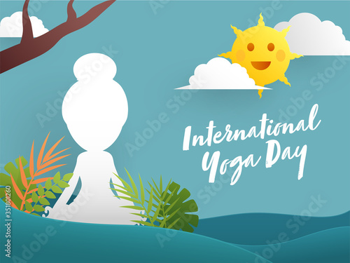 International Yoga Day Concept with Silhouette of Girl Sitting in Meditation Pose, Tropical Leaves and Cartoon Cheerful Sun on Turquoise Background.