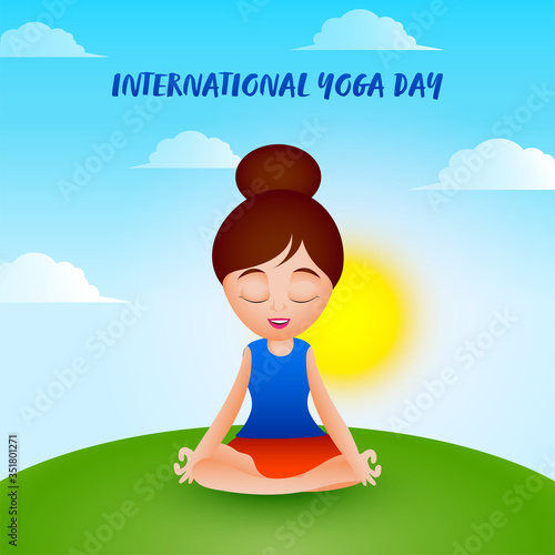 Beautiful Girl Meditating in Lotus Pose with Sun on Blue and Green Background for International Yoga Day.