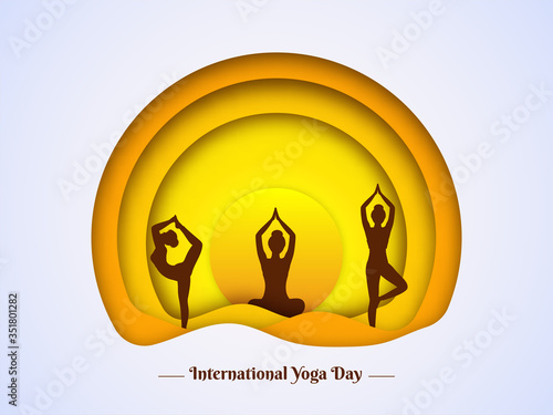 Silhouette of Women Doing Yoga Asana in Different Poses on Paper Layer Cut Background for International Yoga Day.